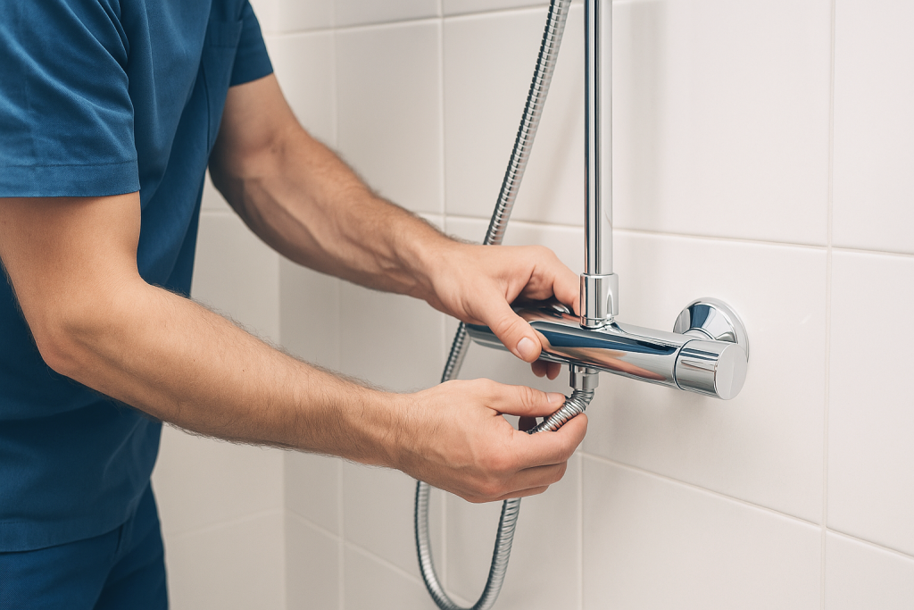 Plumber installing shower filter