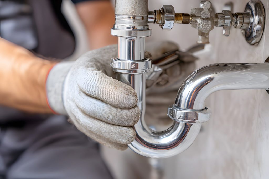 Plumber fastening a pipe under a sink